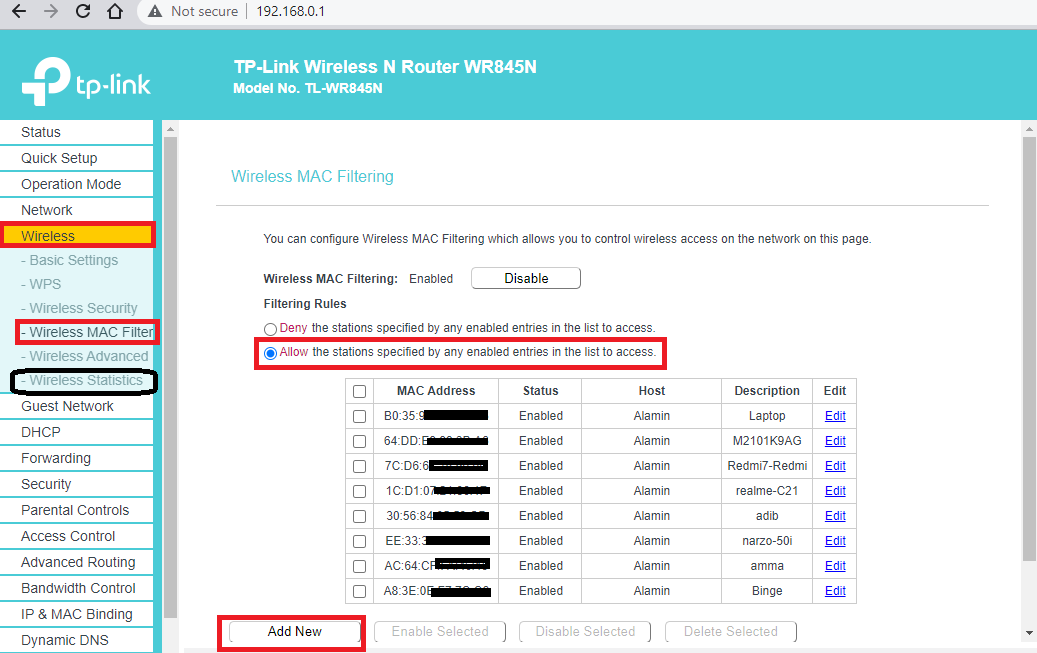 TP Link Wireless MAC Filtering Process