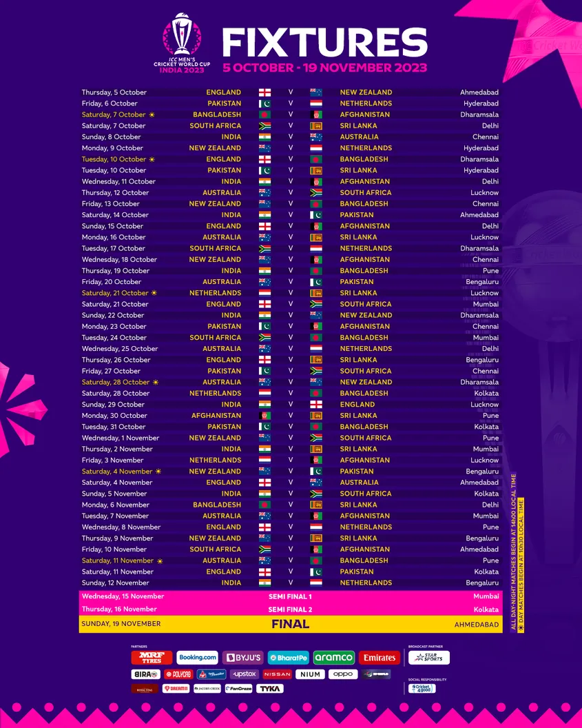 world cup cricket fixture 2023