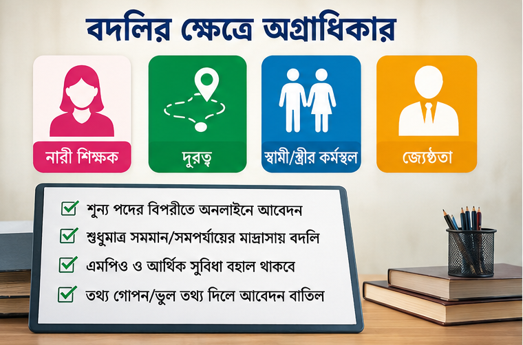 স্বয়ংক্রিয় সফটওয়্যারের মাধ্যমে এমপিওভুক্ত মাদ্রাসা শিক্ষকদের বদলি নীতিমালা-২০২৬ জারি