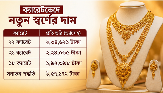 ২২ ক্যারেটের ভরি ২ লাখ ৩৪ হাজার ৬২১ টাকা