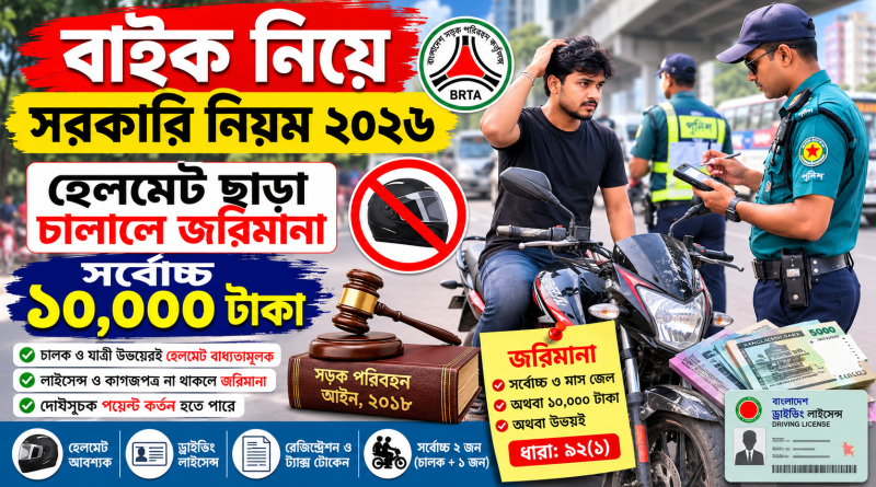 হেলমেট ছাড়া মোটরসাইকেল চালালে জরিমানা কত?