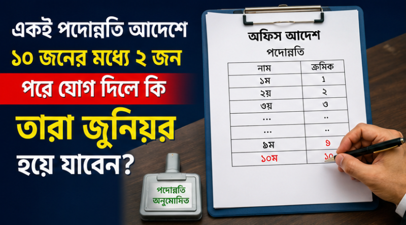 একই পদোন্নতি আদেশে ১০ জনের মধ্যে ২ জন দুই দিন পরে যোগ দিলে কি তারা জুনিয়র হয়ে যাবেন?
