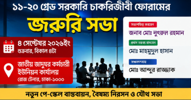 নতুন পে-স্কেল বাস্তবায়ন ও বৈষম্য নিরসনের দাবি নিয়ে ১১–২০ গ্রেড কর্মচারীদের জরুরি সভা ৪ সেপ্টেম্বর