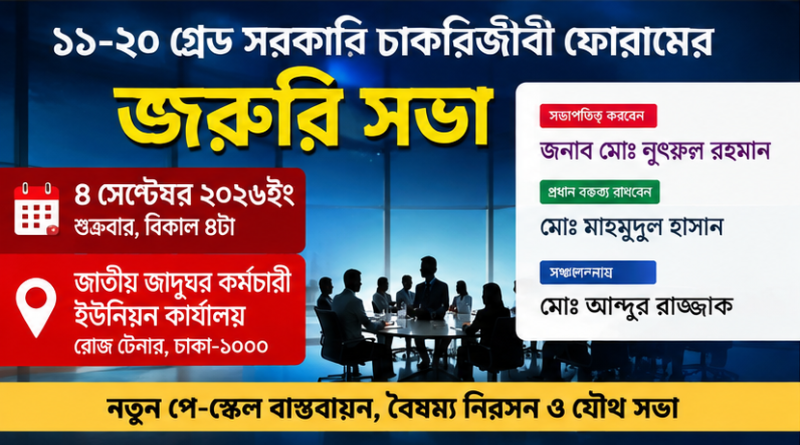 নতুন পে-স্কেল বাস্তবায়ন ও বৈষম্য নিরসনের দাবি নিয়ে ১১–২০ গ্রেড কর্মচারীদের জরুরি সভা ৪ সেপ্টেম্বর