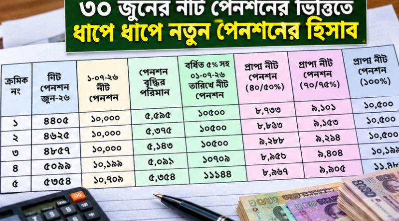 ৩০ জুনের নিট পেনশন ধরে কার পেনশন কত হতে পারে? ধাপে ধাপে হিসাব, ইনক্রিমেন্ট ও চিকিৎসা ভাতার চিত্র