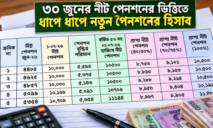 ৩০ জুনের নিট পেনশন ধরে কার পেনশন কত হতে পারে? ধাপে ধাপে হিসাব, ইনক্রিমেন্ট ও চিকিৎসা ভাতার চিত্র