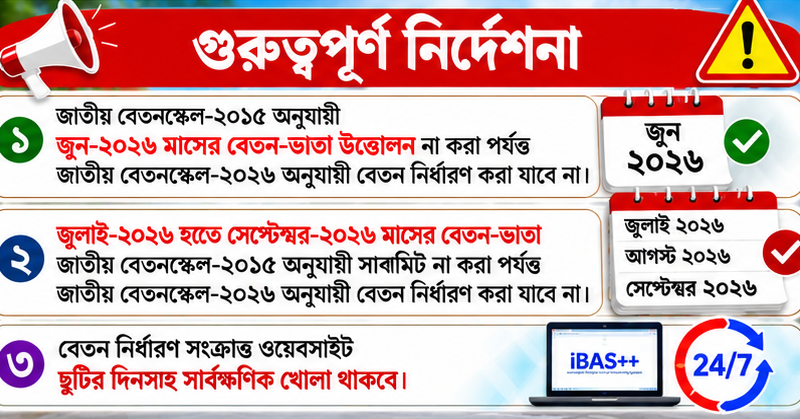 iBAS++-এ জাতীয় বেতনস্কেল-২০২৬ অনুযায়ী বেতন নির্ধারণ শুরু
